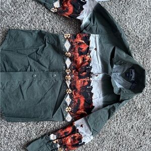 Kids Green Button Down Shirt with Western Print